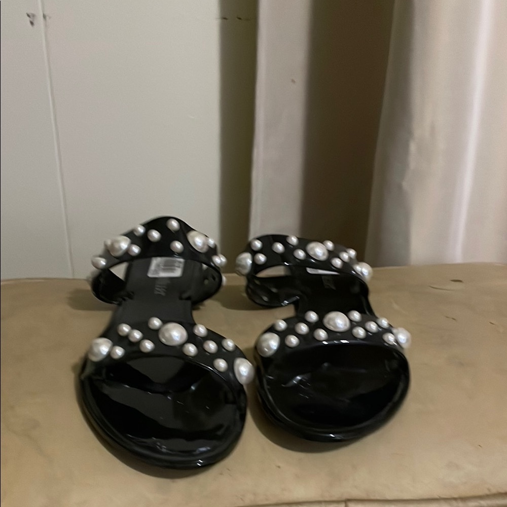 Black Sandals with Pearl Accents